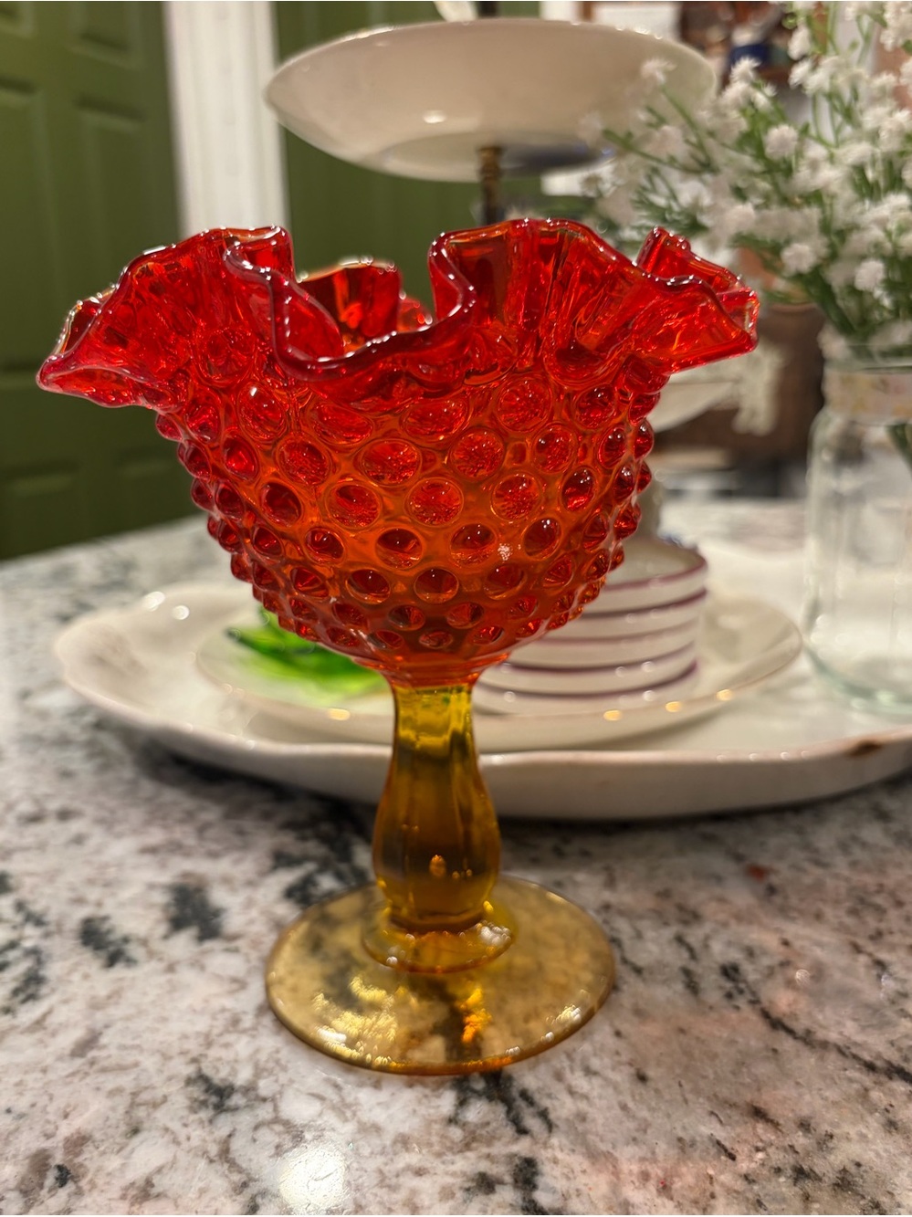 Vintage-Inspired Red Amber Hobnail Glass Compote - Fenton